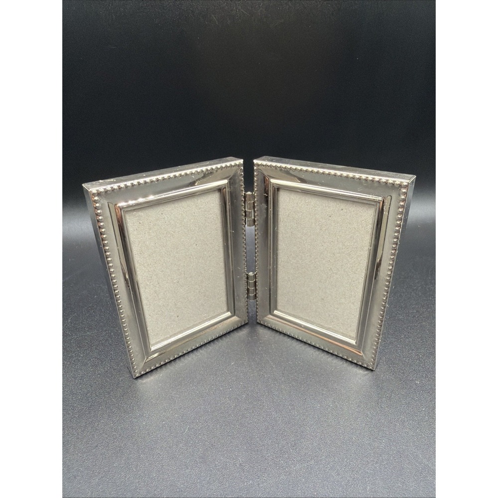 VTG Silver Tone Metal Bi-Fold Picture Frame MCM For 2x3" Photo Tabletop Or Wall